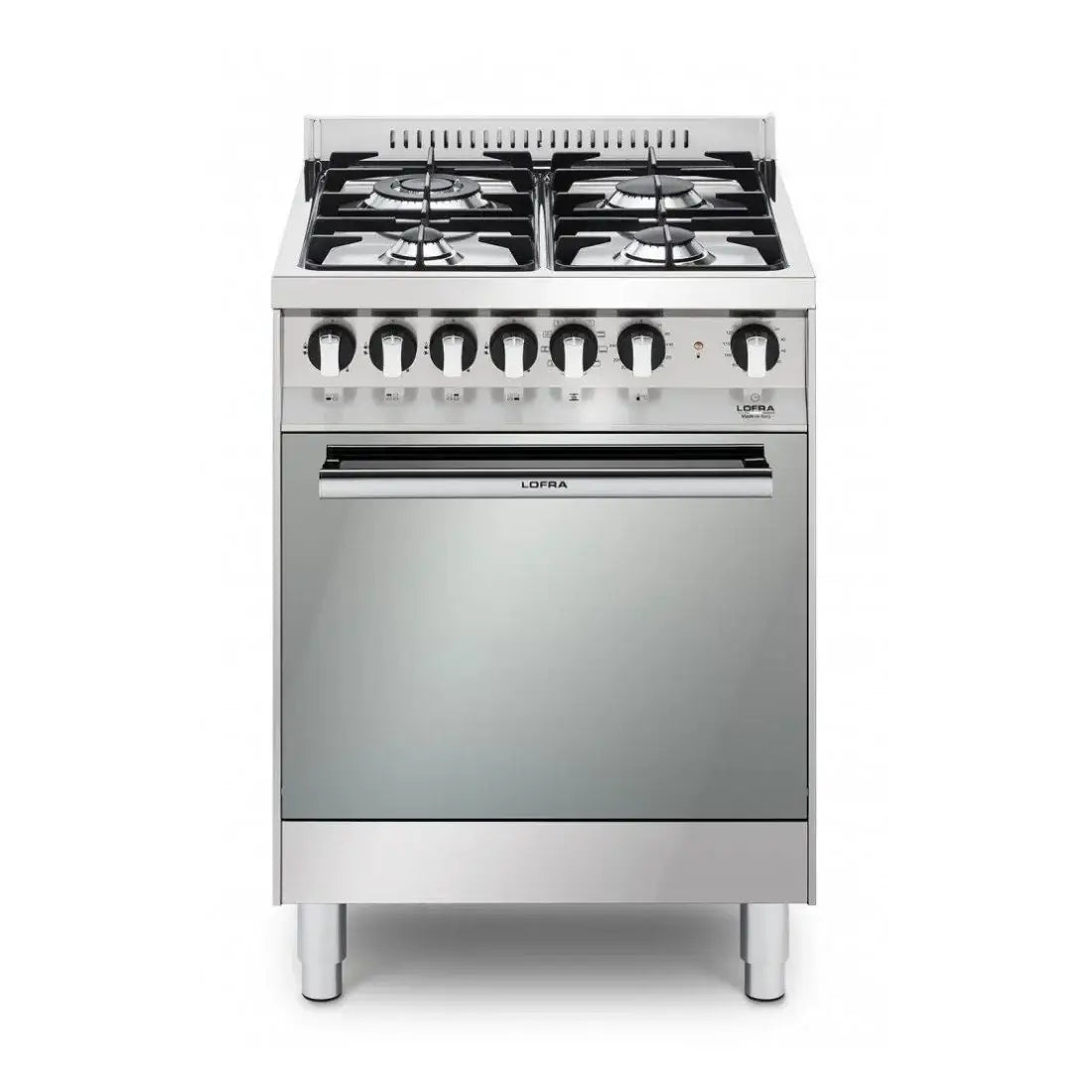 Fogão Lofra New Maxima 60cm, 4 bocas, inox, forno elétrico 72L, queimadores profissionais e segurança gás stop.